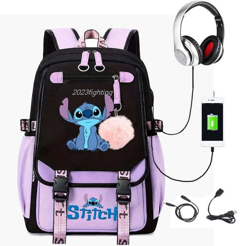 Lovely Stitch Backpacks USB Patchwork Lightweight Laptop Teens School