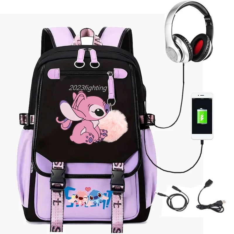 Lovely Stitch Backpacks USB Patchwork Lightweight Laptop Teens School