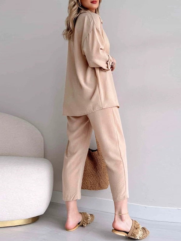 Solid Turn-down Collar Long Pants Set Drawstring Pants Suit Autumn