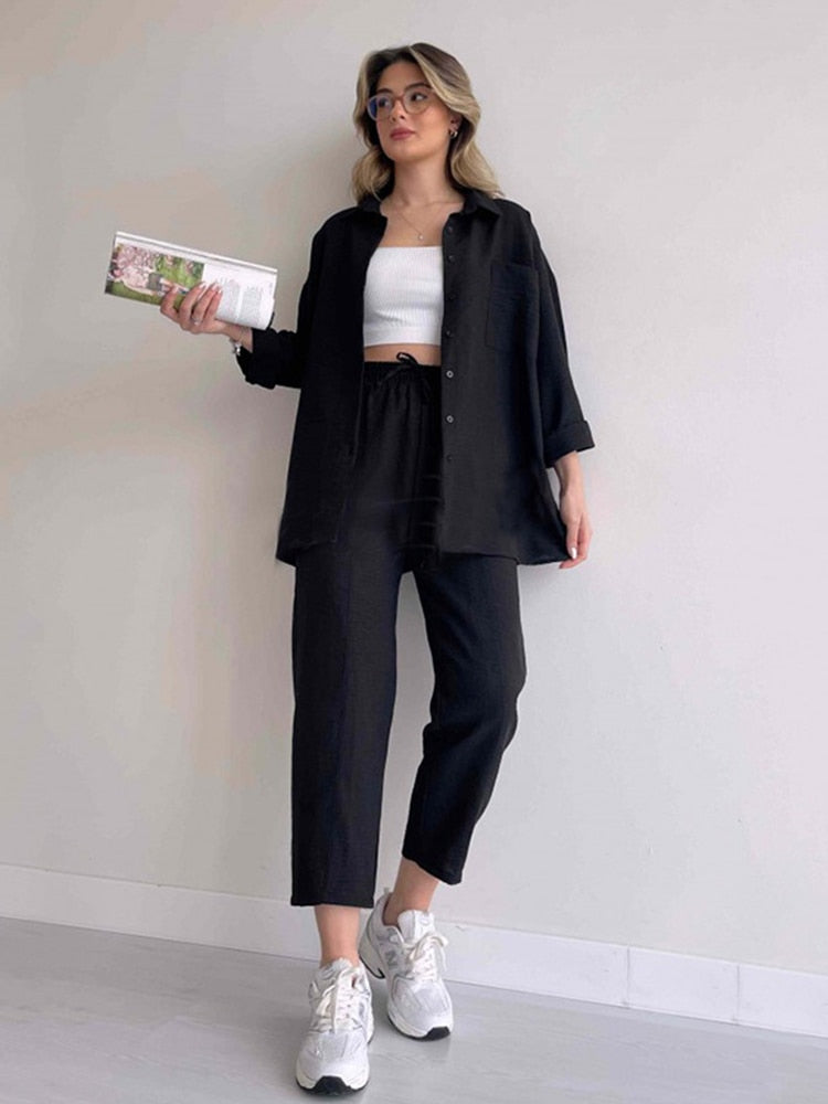 Solid Turn-down Collar Long Pants Set Drawstring Pants Suit Autumn