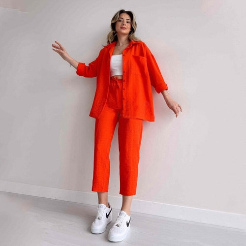 Solid Turn-down Collar Long Pants Set Drawstring Pants Suit Autumn