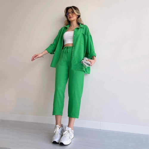 Solid Turn-down Collar Long Pants Set Drawstring Pants Suit Autumn