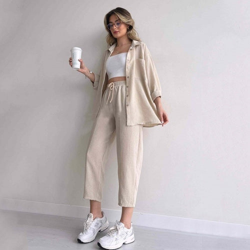 Solid Turn-down Collar Long Pants Set Drawstring Pants Suit Autumn