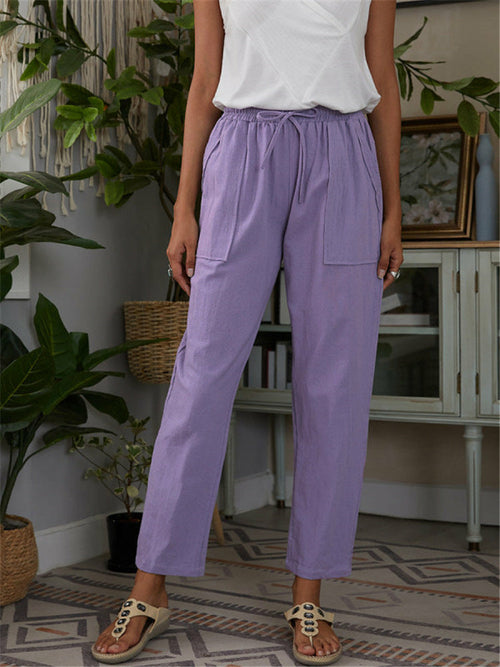 Cotton Linen Pants Loose Solid Color High Waist Trousers Long Pants