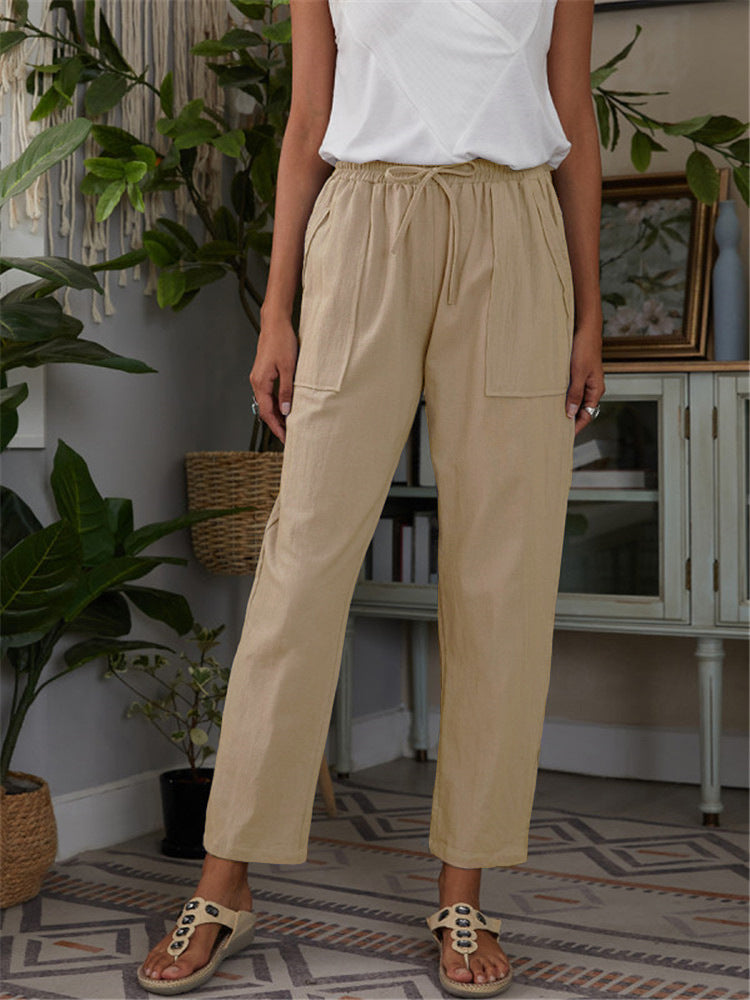 Cotton Linen Pants Loose Solid Color High Waist Trousers Long Pants