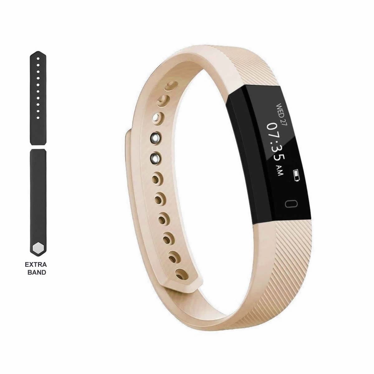 Beige fitness tracker with digital display and extra band on a white background