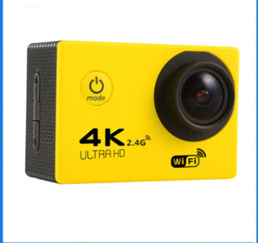 Yellow action camera with 4K Ultra HD and Wi-Fi features on a white background