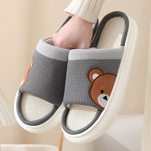 Cute Cartoon Bear Linen Slippers For Women Indoor Non-slip Sweat-absorbent Breathable Slip On Floor Bedroom Slipper House Shoes. Raee-Industries.