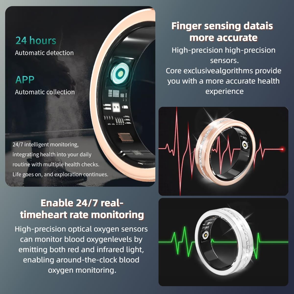 Health monitoring device with text on accuracy, real-time heart rate monitoring, and 24-hour detection.