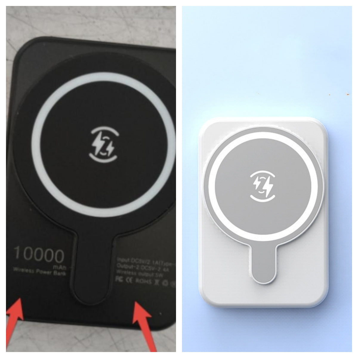 Two wireless charging pads, one black and one white, with a visible brand logo on a light blue background.