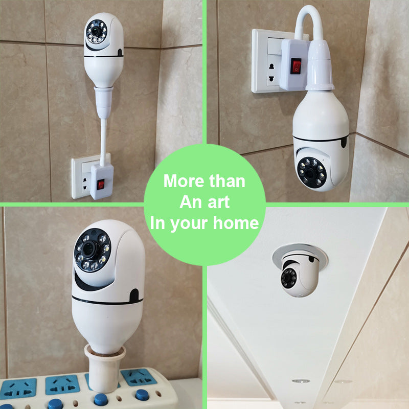 White security camera attached to a wall socket with text 'More than an art in your home' on a green background.