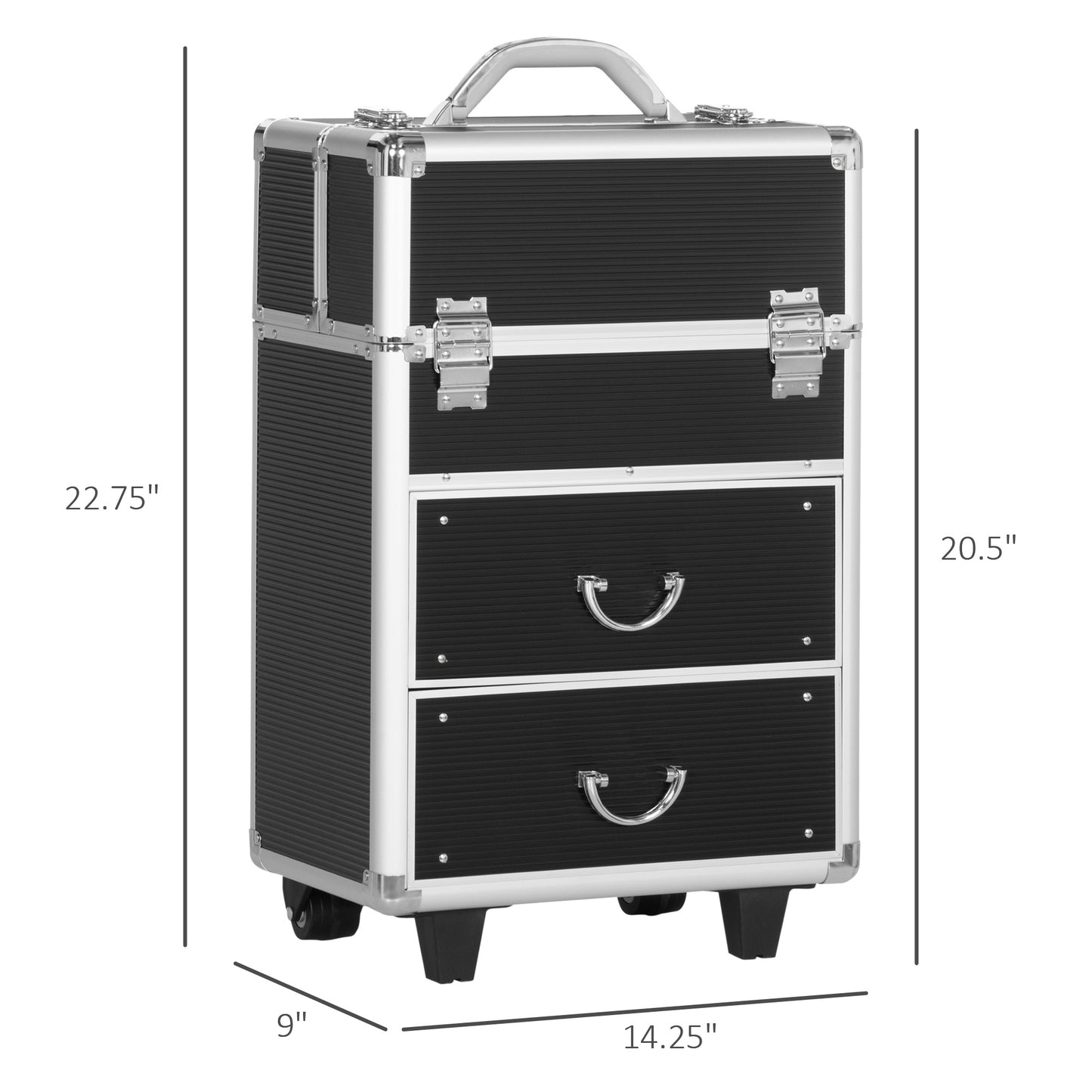 HOMCOM Rolling Makeup Train Case, Large Storage Cosmetic Trolley, Lockable Traveling Cart Trunk with Folding Trays, Swivel Wheels and Keys, Black