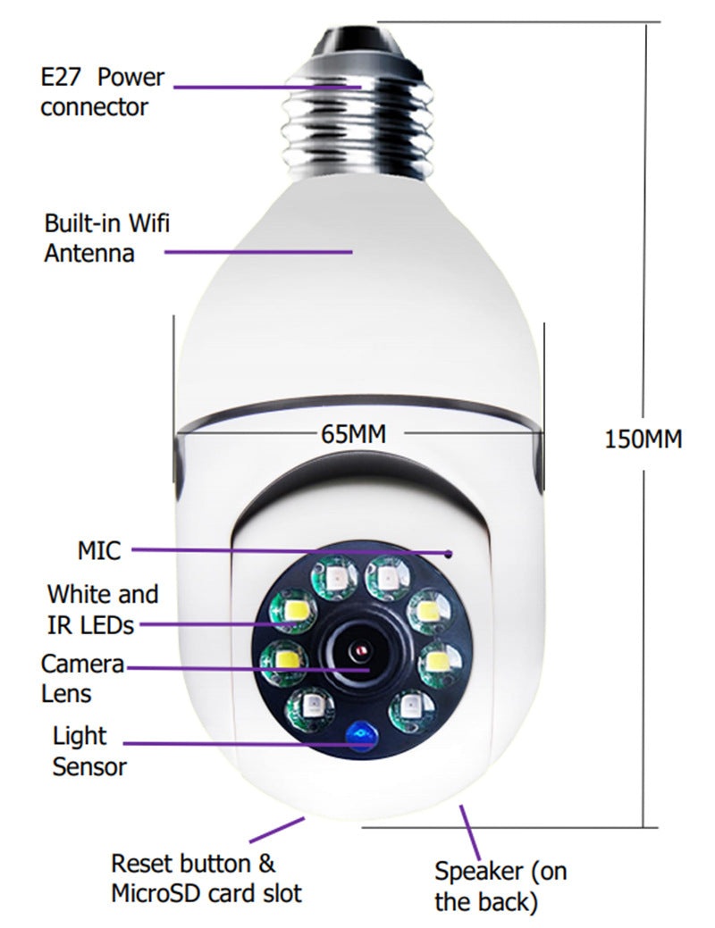Diagram of a smart light bulb with labeled parts and dimensions.