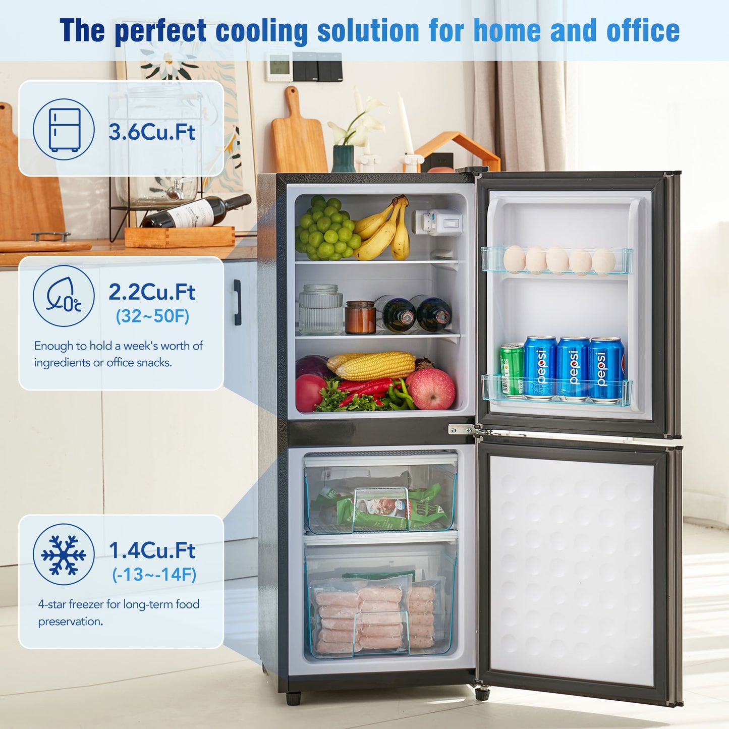 3.6Cu.Ft Dual Zone Refrigerator, 2.2+1.4Cu.Ft 4 Star Freezer, 7 Temperature Settings, 45 dB, Brushed Gray Silver, LED Lighting, Adjustable Shelves, 166kWh/Year, 16.73"×17.52"×40.16 "