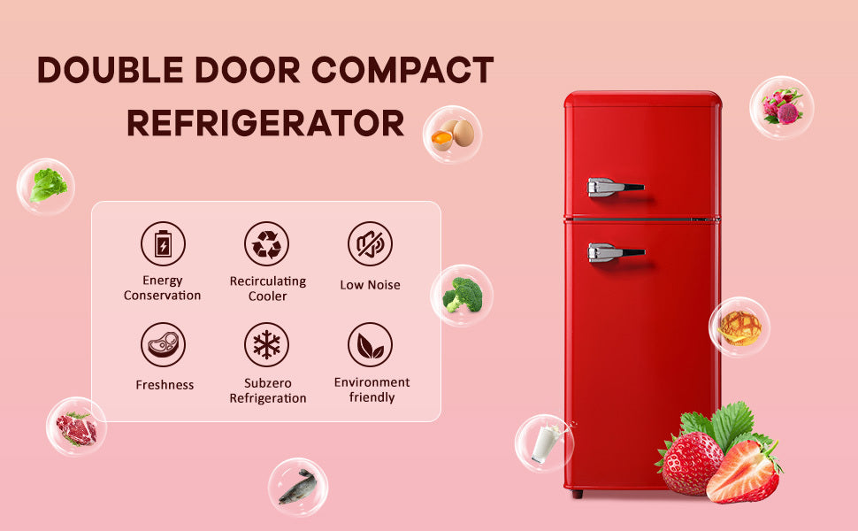 4.5 cu. ft. Dual Zone Refrigerator, 3.3 Fridge + 1.2 cu. ft. 4-Star Freezer, 7 Temperature Settings, 45 dB, Red, Silver Handles, LED Lighting, Adjustable Shelves, 16.69" x 17.52" x 40.08"