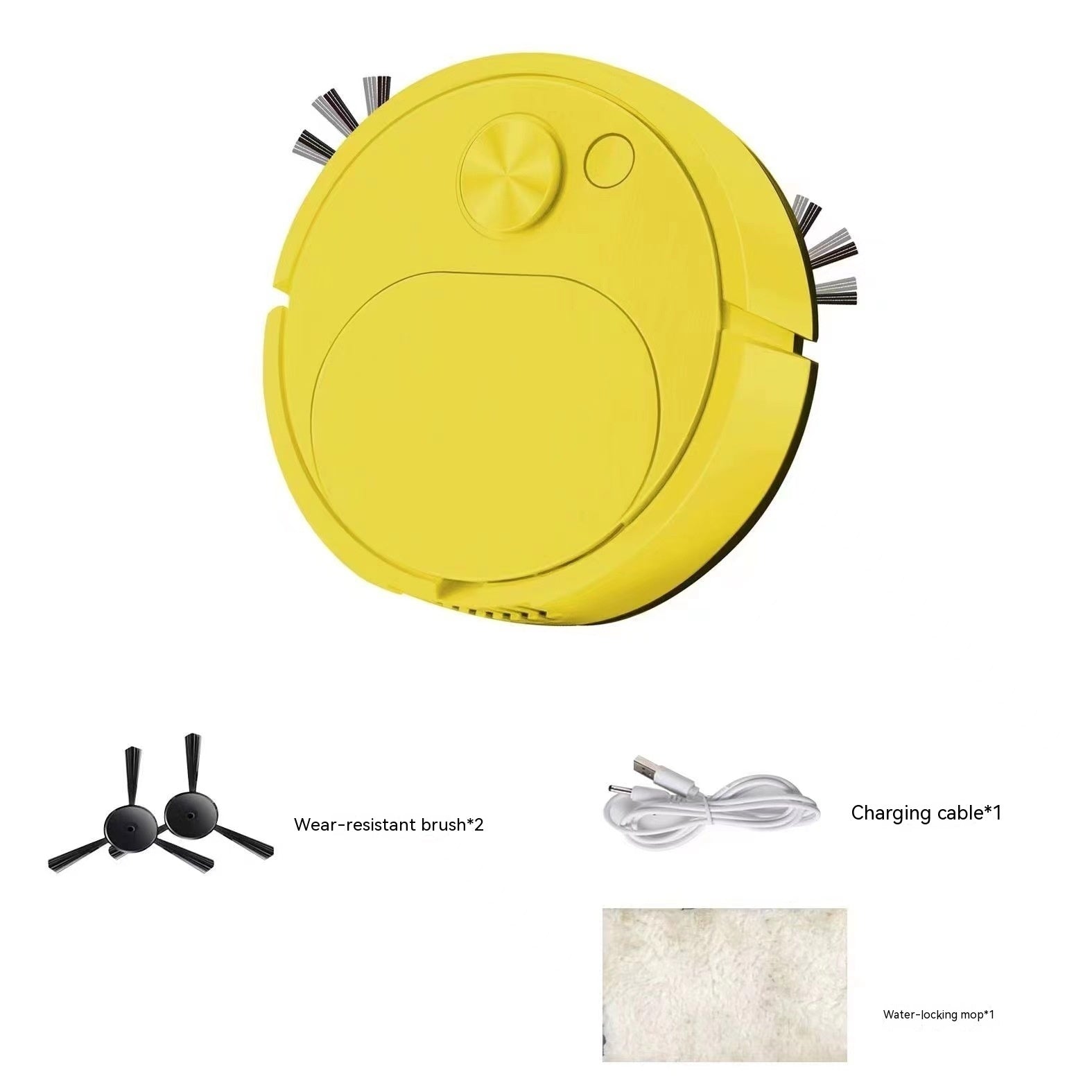 Yellow robotic vacuum cleaner with wear-resistant brush, charging cable, and water-proof mat on a white background