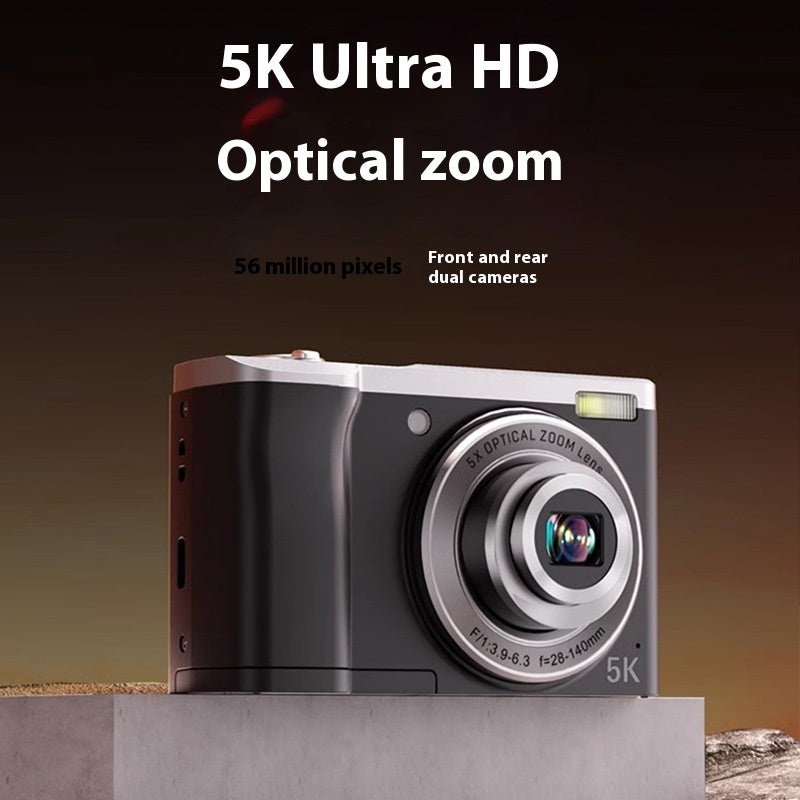 Digital camera with 5K Ultra HD and optical zoom features on a dark background