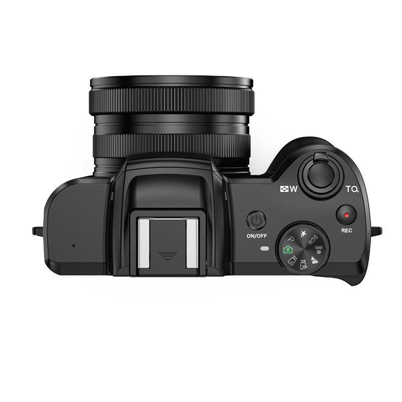 Top view of a black camera on a white background