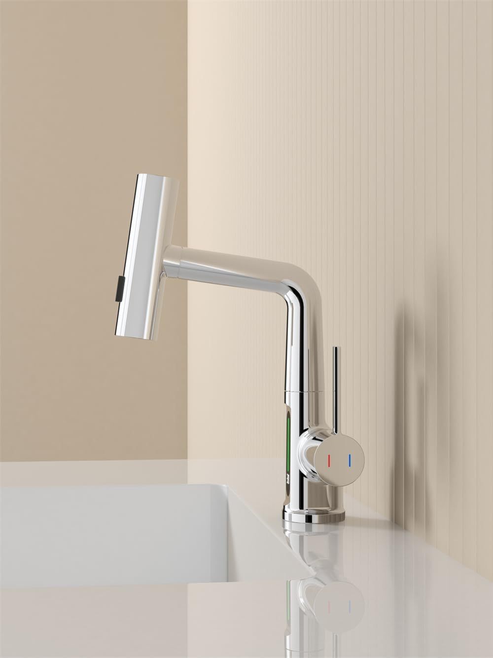 Pull-Out Lift LED Temperature Digital Display Bathroom Basin Faucet, Single Handle 360° Rotatable Waterfall 3-in-1 Basin Tap with Adjustable Height - Chrome