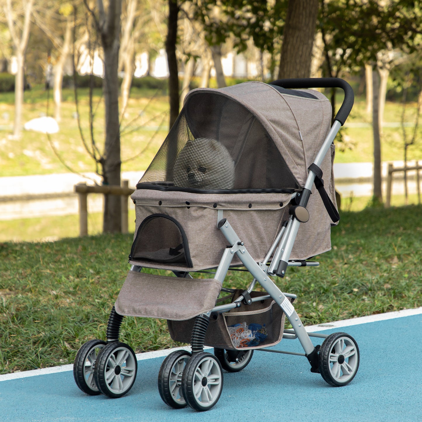 PawHut Dog Stroller for Small Dogs Cats, 4 Wheels One-Click Fold Pet Stroller with Swivel Wheels, Brake, Basket Storage, Safety Belts, Adjustable Canopy, Zippered Mesh Window Door, Brown