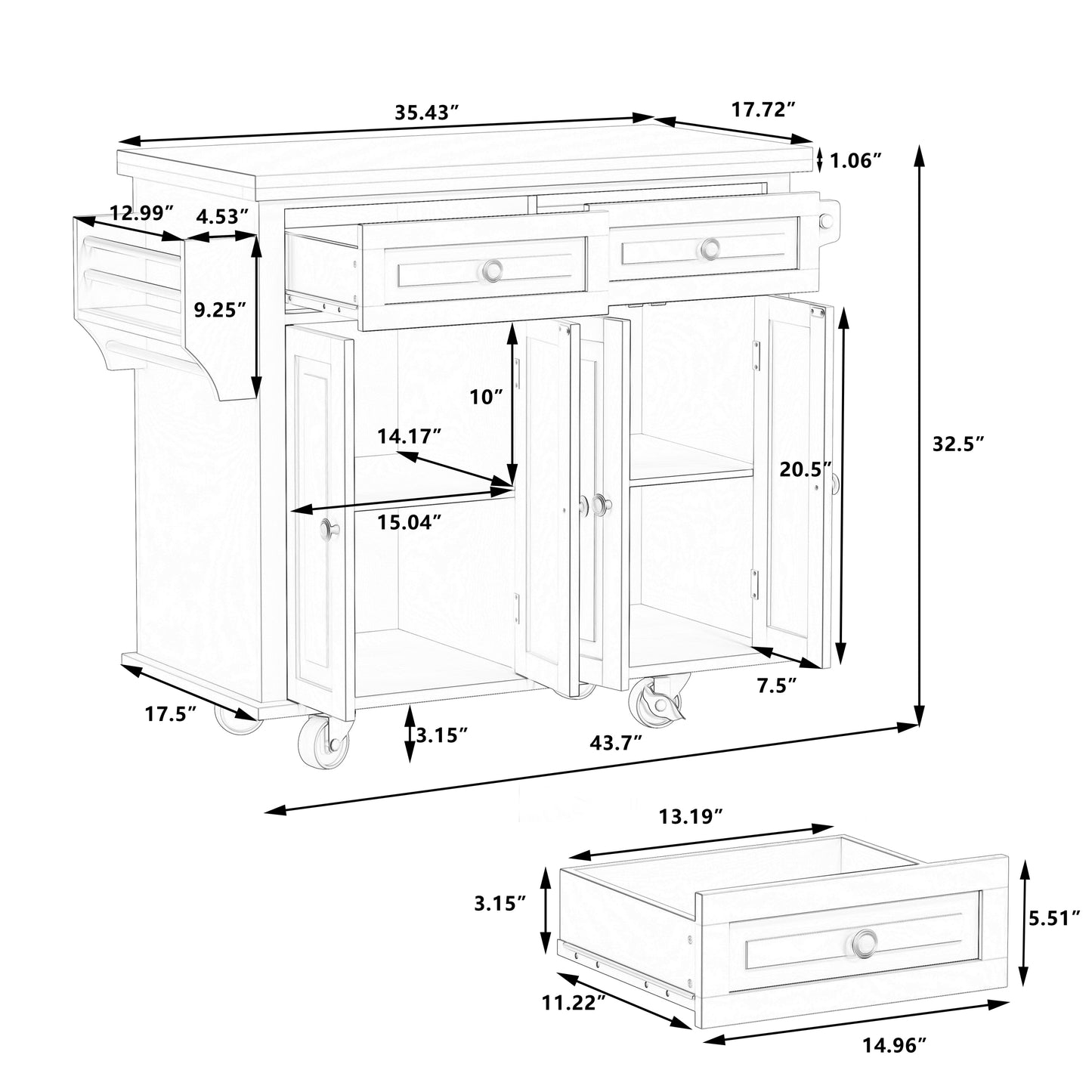 Kitchen Island Cart with Two Storage Cabinets and Two Locking Wheels,43.31 Inch Width,4 Door Cabinet and Two Drawers,Spice Rack, Towel Rack(Black)