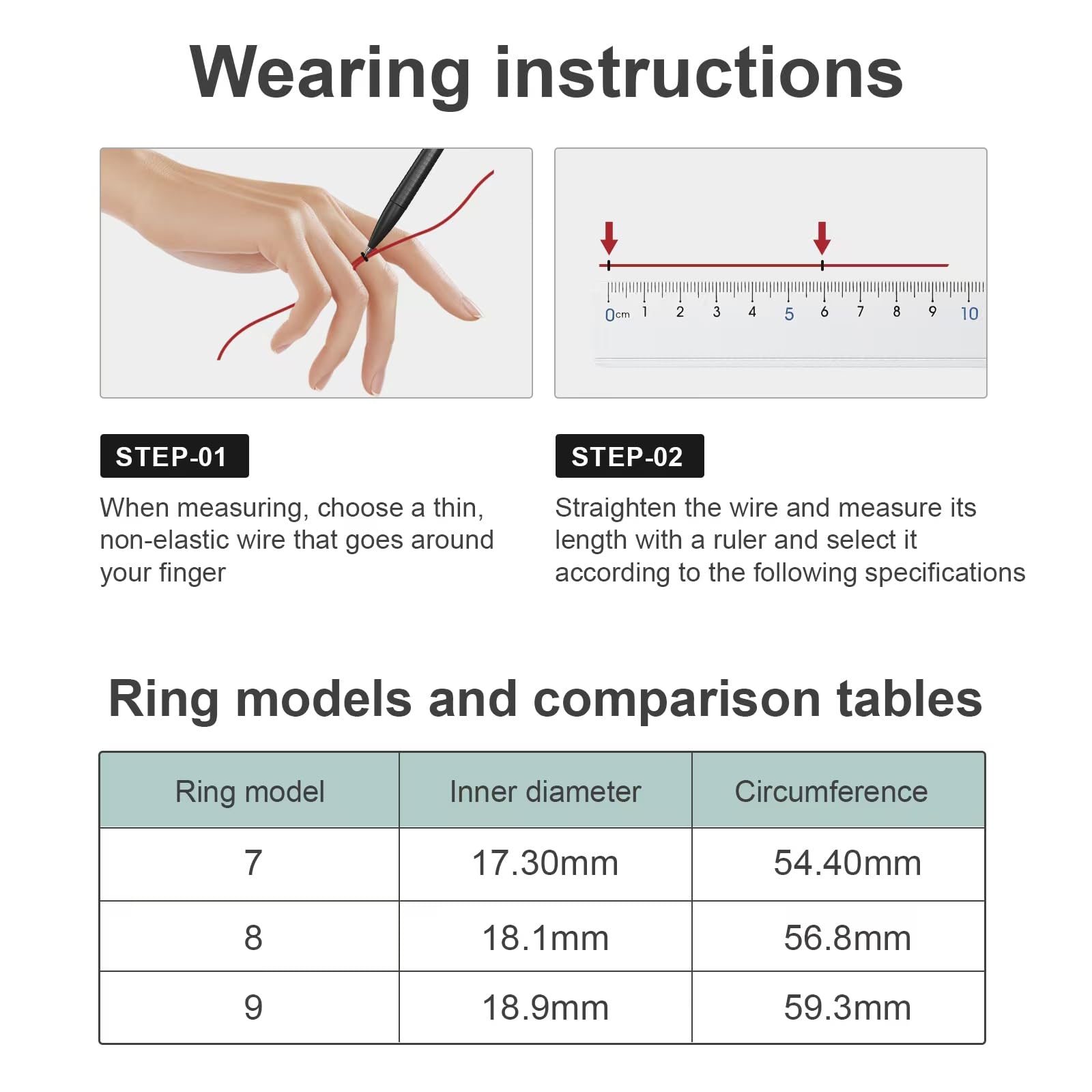 Wearing instructions for measuring wire with a ruler and ring size chart.