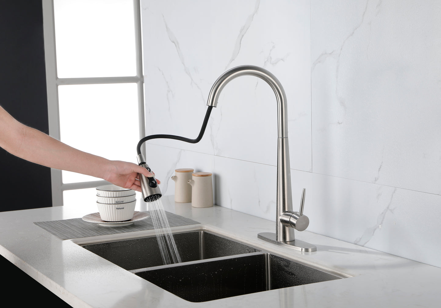 Kitchen Faucet with Pull Down Sprayer Brushed Nickel, High Arc Single Handle Kitchen Sink Faucet with Deck Plate, Commercial Modern Stainless Steel Kitchen Faucets