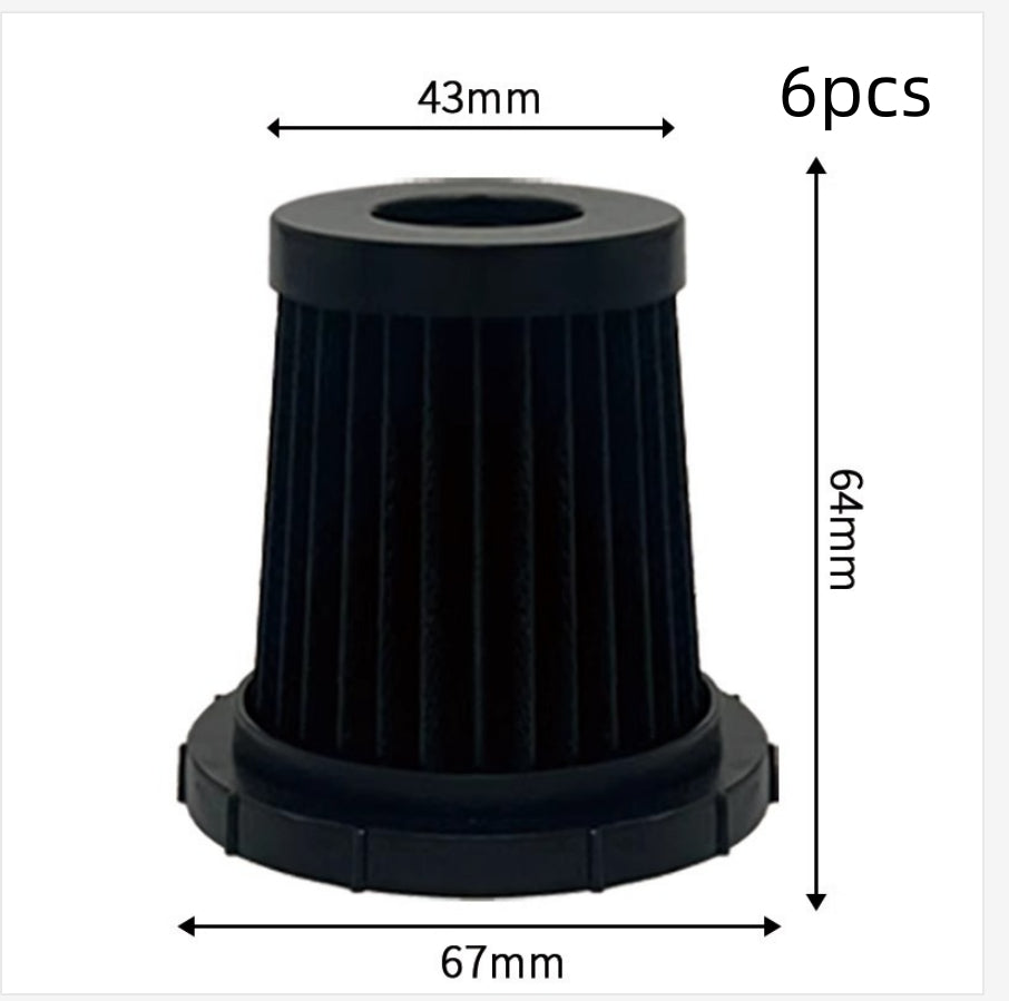 Black cylindrical filter with dimensions labeled on a white background