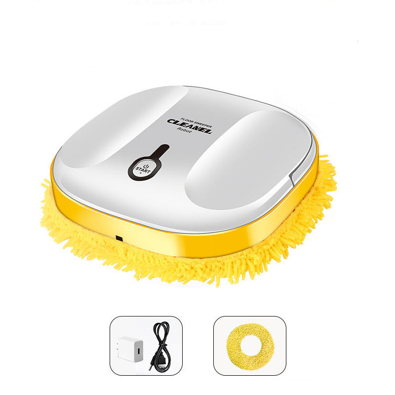 Yellow and white cleaning device with attachments on a white background