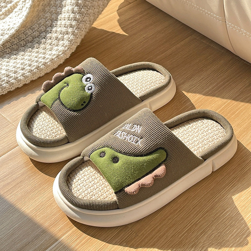 Sweat-absorbent Non-slip Breathable Thick-soled Cartoon Cute Little Dinosaur Linen Slippers. Raee-Industries