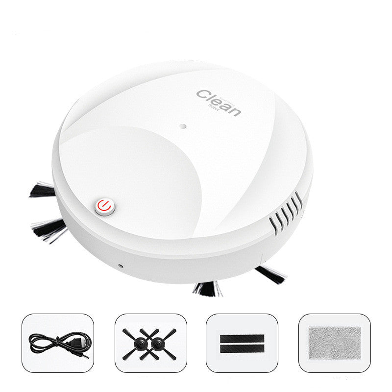 White robotic vacuum cleaner with cleaning tools on a white background