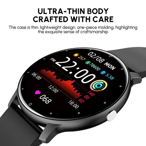 Smartwatch with a black strap on a white background, featuring text about its ultra-thin design.