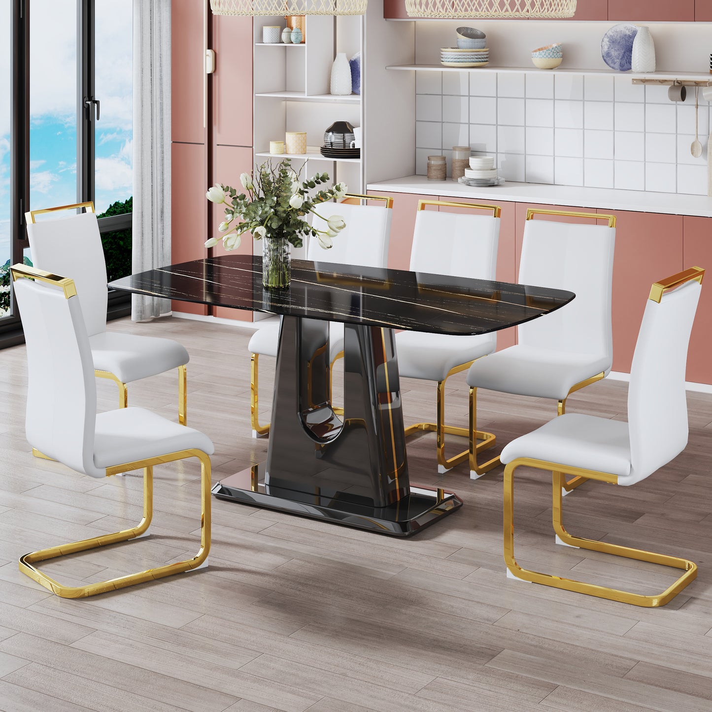 A modern, minimalist, and luxurious table. A black imitation marble tabletop with MDF U-shaped legs. Dining table, computer table. For restaurants and living rooms 63" * 35.4"* 30" F-U