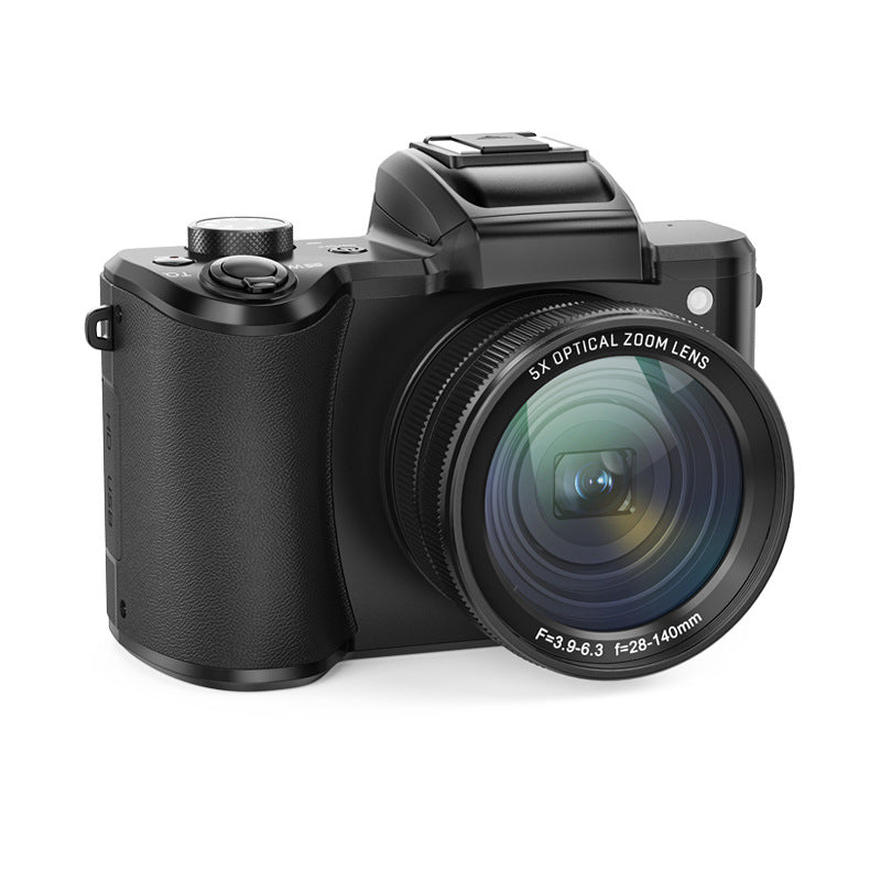 Black camera with large lens on a white background