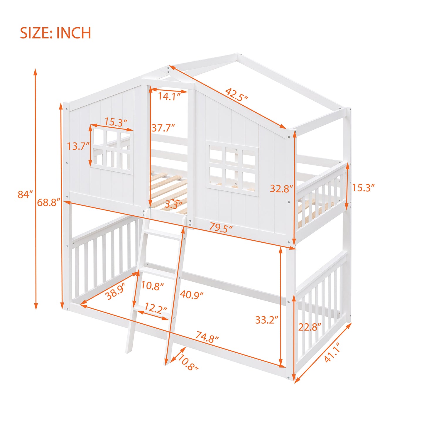 Twin Over Twin House Bunk Bed With Ladder, Wood Bed-White