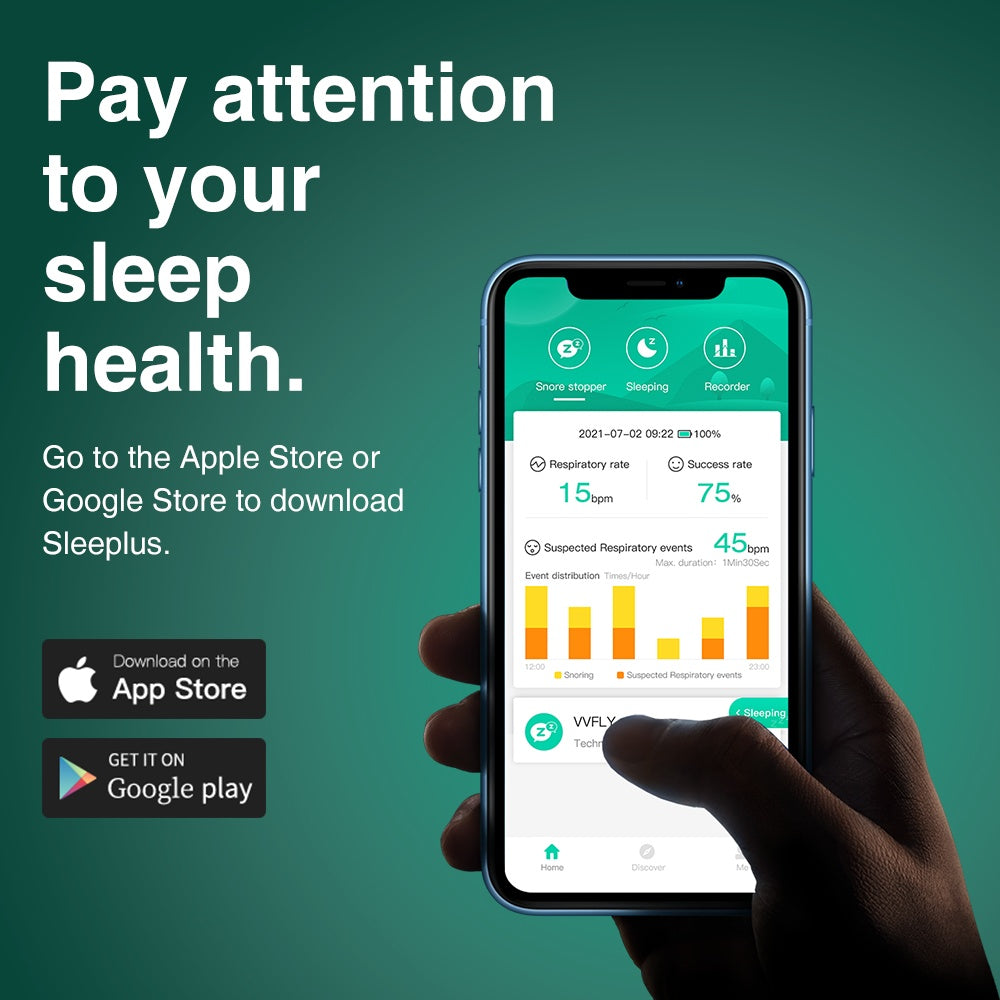 Phone displaying sleep health app with promotional text and app store links on a green background