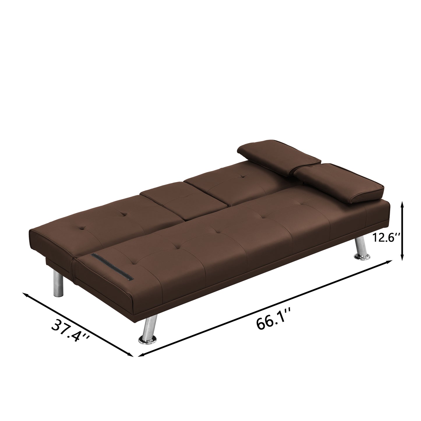 Sofa Bed with Armrest two holders  WOOD FRAME, STAINLESS LEG, FUTON BROWN  PVC