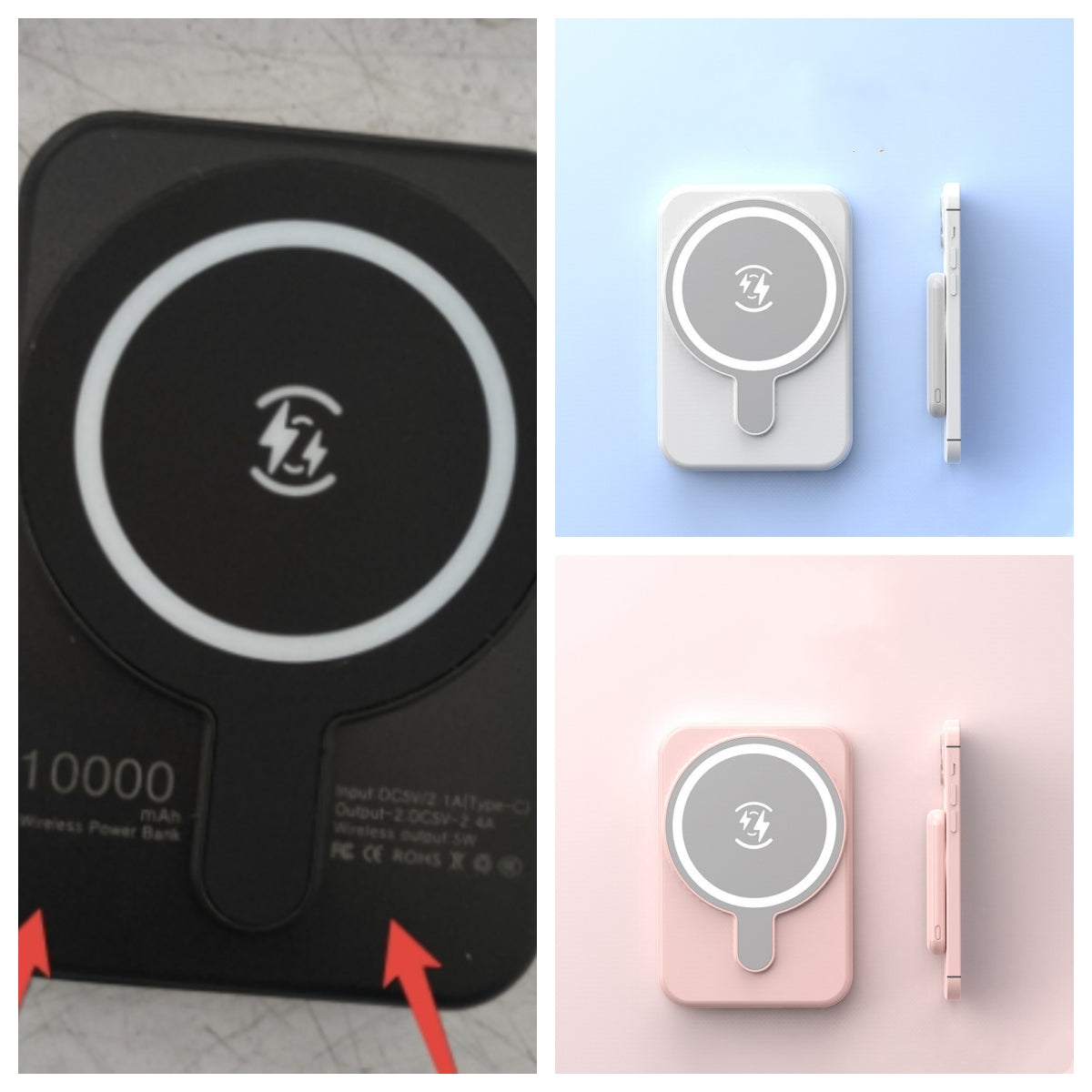 Collage of wireless charging devices with visible branding on a light blue and pink background.