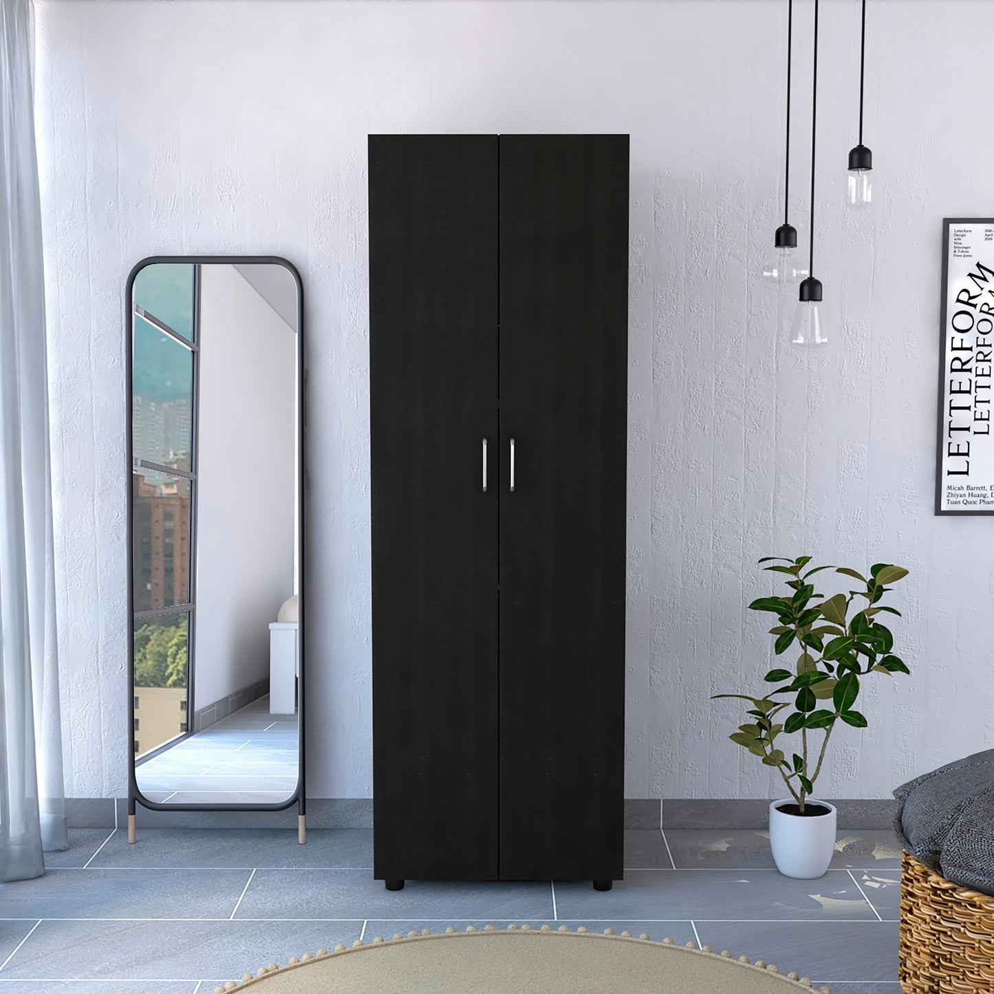 Aurora Armoire, Two Interior Shelves, Rod, Double Door -Black