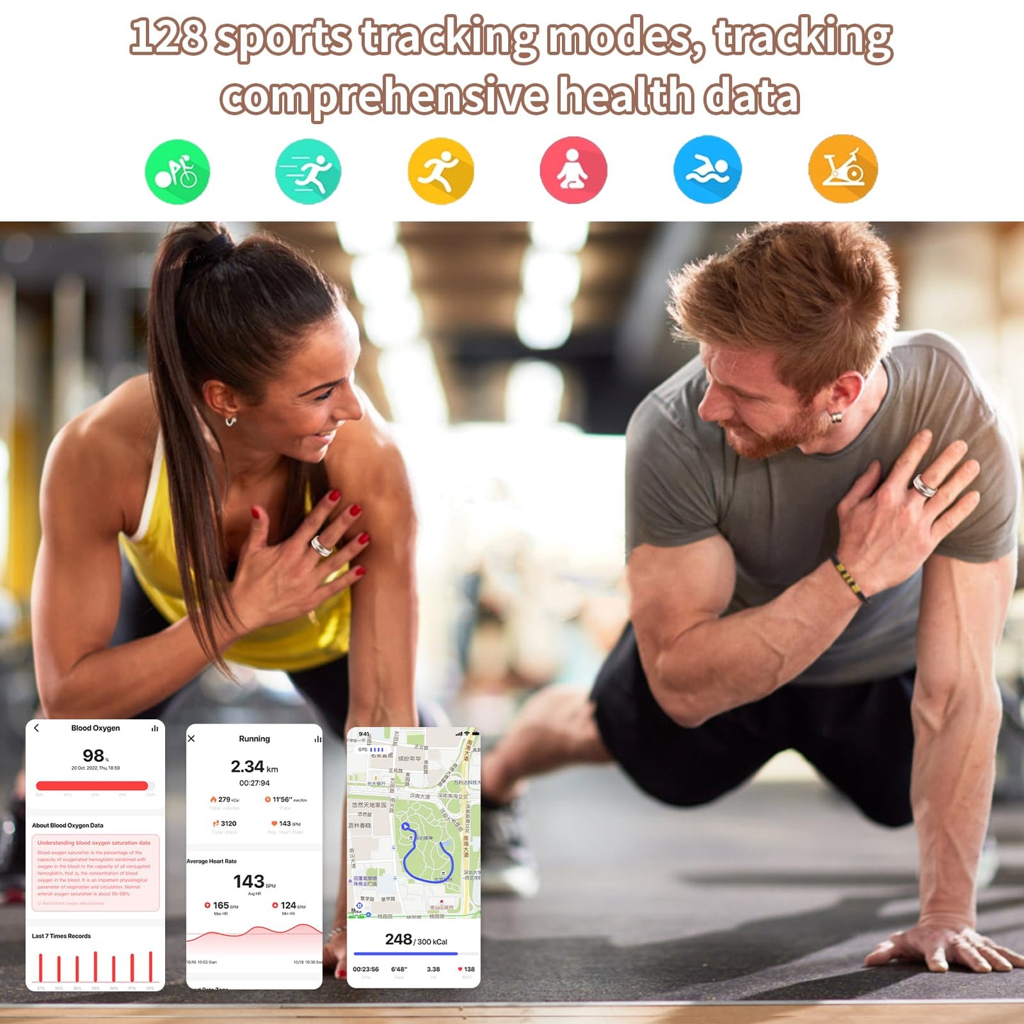 Two people exercising with fitness app screens showing data on a blurred gym background