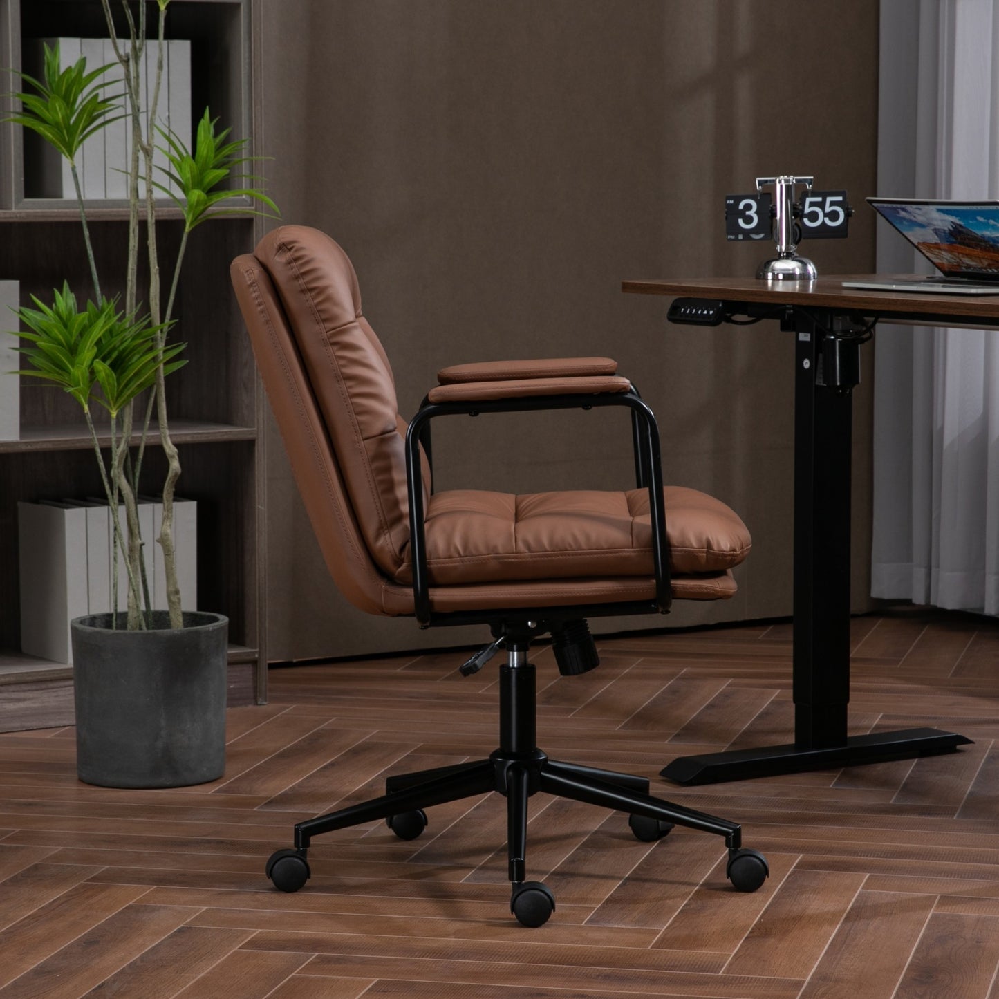 Office Chair,Mid Back Home Office Desk Task Chair with Wheels and Arms Ergonomic PU Leather Computer Rolling Swivel Chair with Padded Armrest,The back of the chair can recline 40° (Brown)