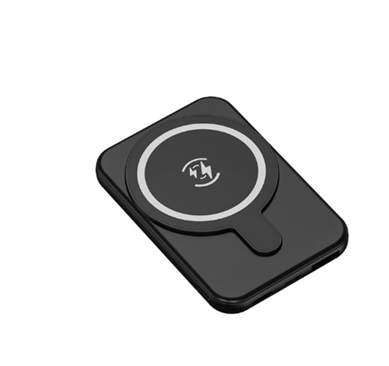 Black wireless charging pad with a logo on a white background