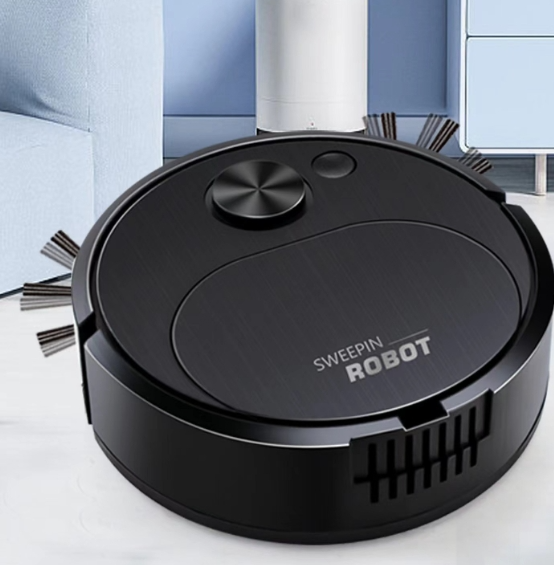 Black robot vacuum cleaner on a white floor with a modern interior background