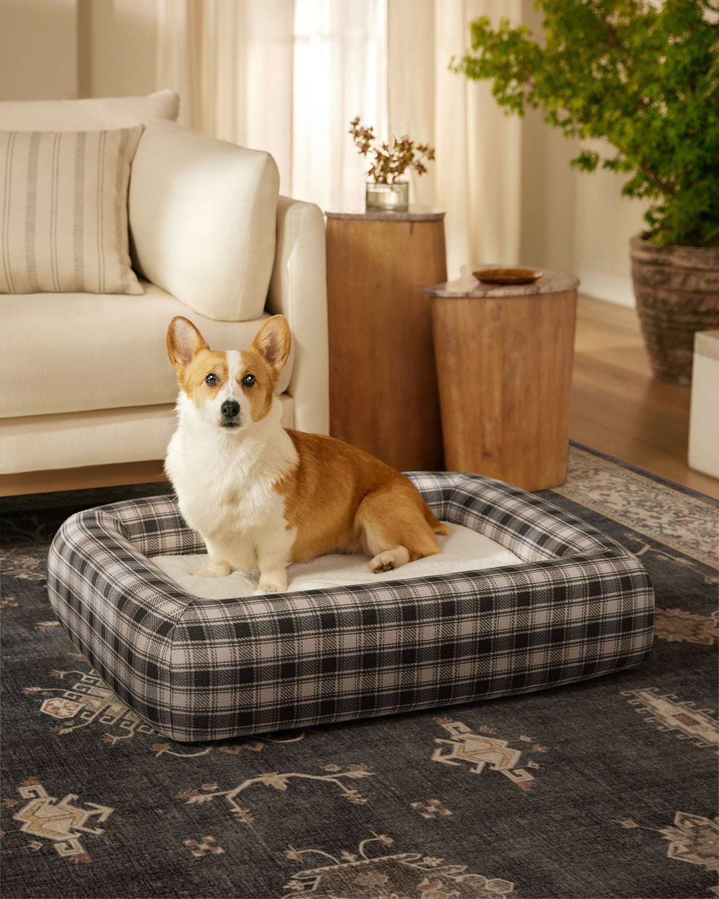 Bailey Plaid Charcoal & Cream Woven Bolster Pet Bed