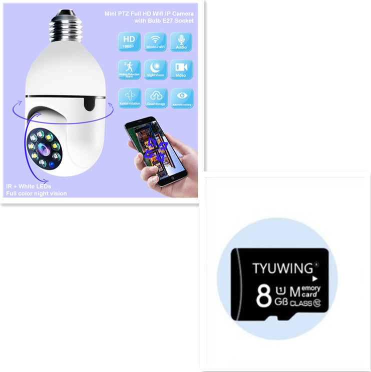 Smart bulb security camera with smartphone app and TYUWING 8GB microSD card on a white background