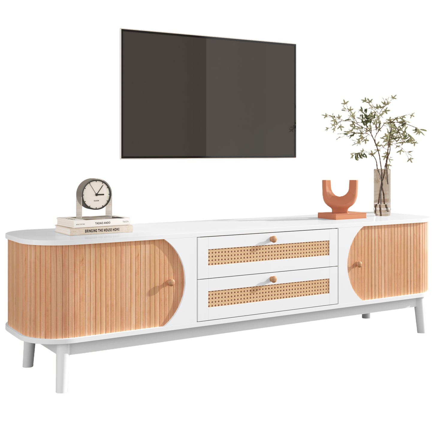 Rattan TV Stand for TVs up to 75'', Modern Farmhouse Media Console, Entertainment Center with Solid Wood Legs, TV Cabinet for Living Room,Home Theatre