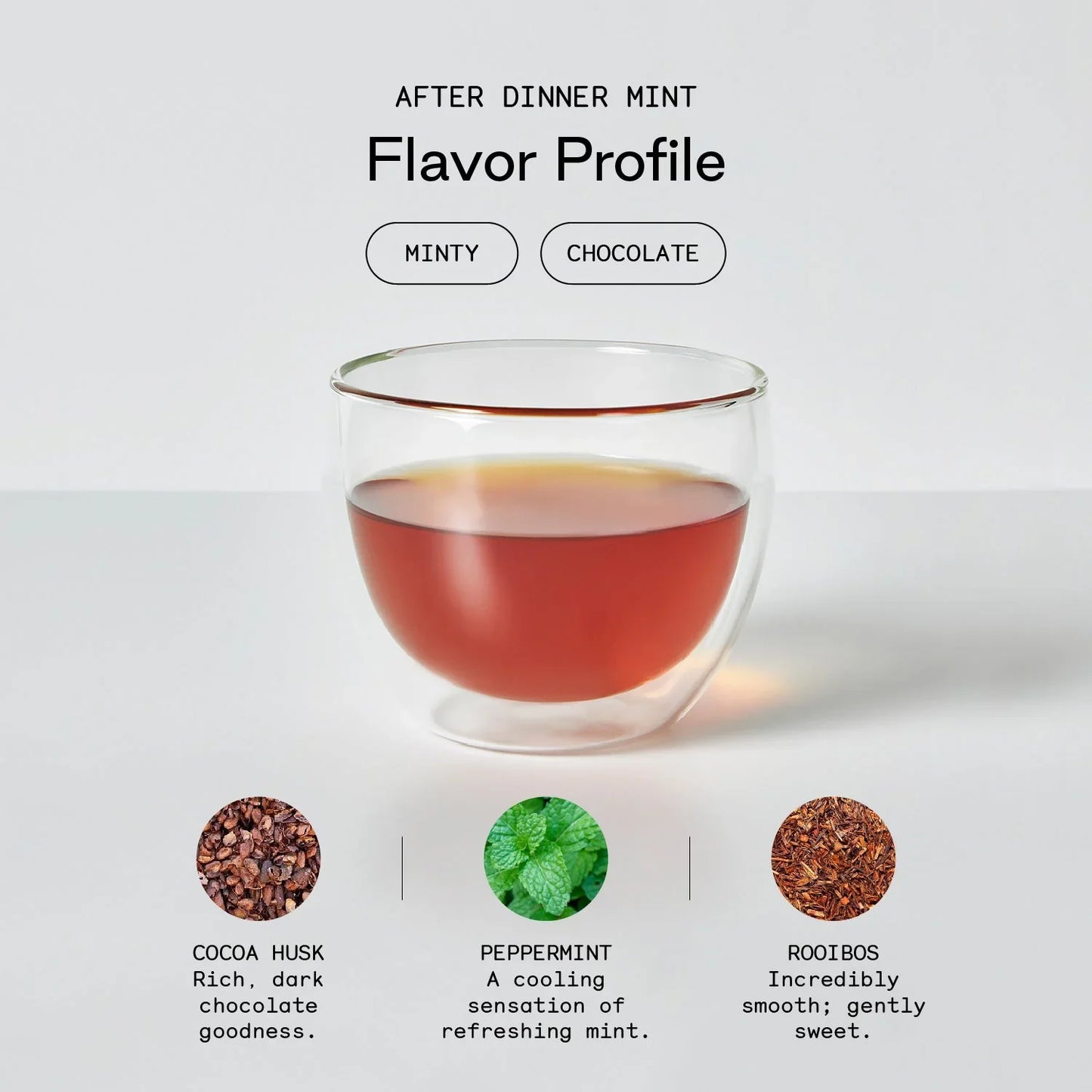 Glass of tea with flavor profile elements on a light background