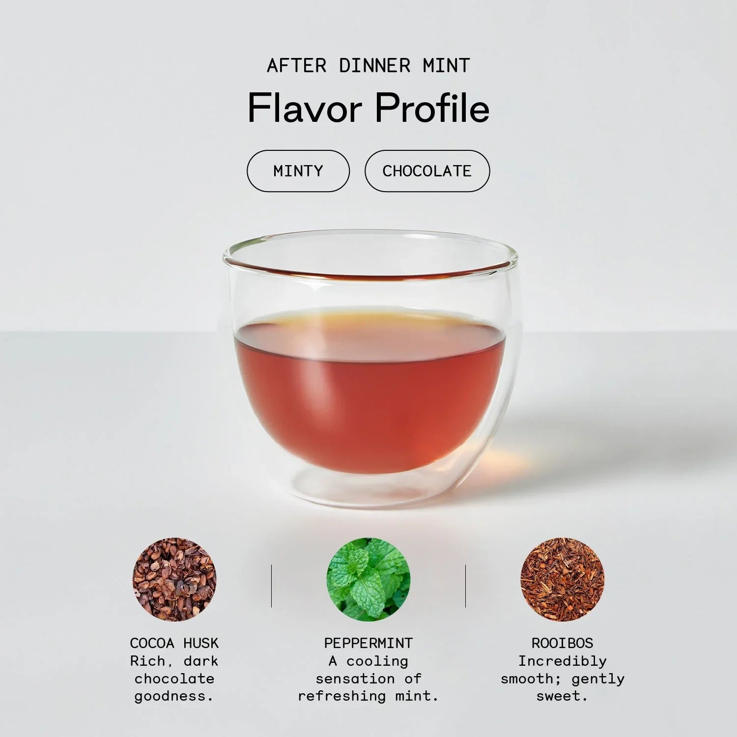 Glass of tea with flavor profile elements on a light background