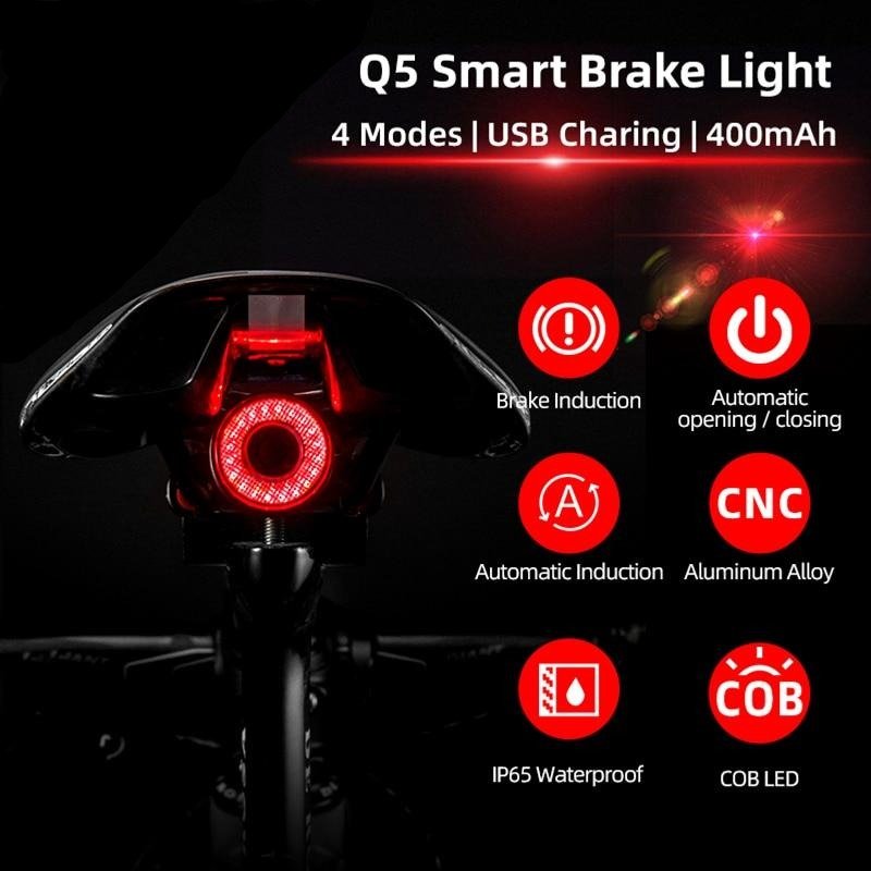 Bicycle Smart Auto Brake Sensing Light IPx6 Waterproof LED Charging Cycling Taillight Bike Rear Light Accessories Q5-3