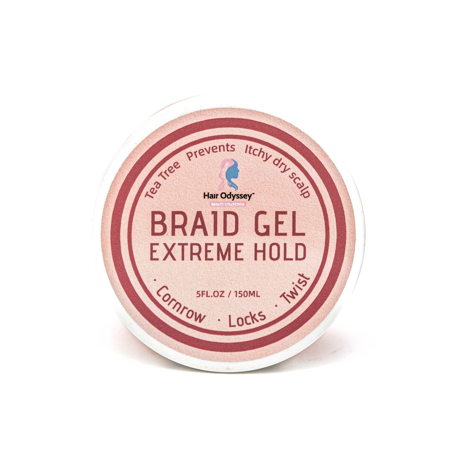 Braid gel container with pink label on a white background